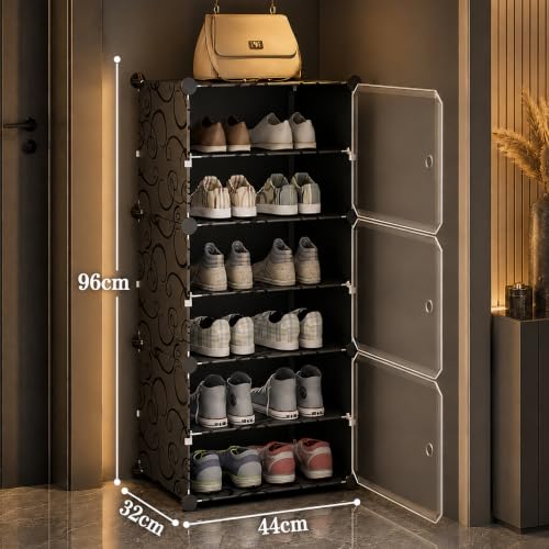 Image of AYSIS Premium Foldable Plastic Shoe Rack for Home, ๐ ๐๐จ๐จ๐ซ ๐ ๐๐ก๐๐ฅ๐ Shoe Cabinet, Dustproof & Waterproof Organizer, Portable Space Saving Storage for Entryway, Bedroom & Living Room, Black