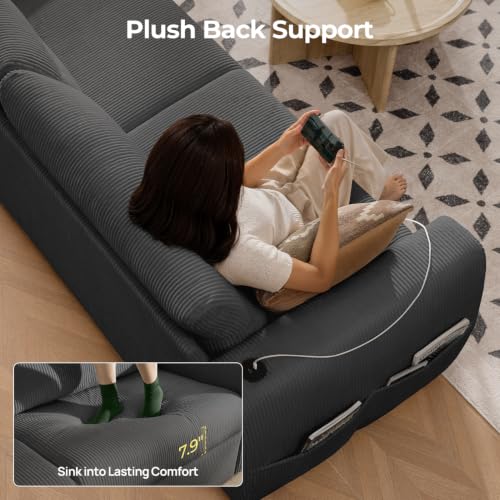 Image of 88.6 inch Modern Storage Loveseat Sofa, Small Couches for Living Room, Grey | Corduroy, USB Charging, Pull-Out Storage, Deep Seat, Comfy Love Seat for Small Spaces, Apartment, Bedroom, Dorm, Office