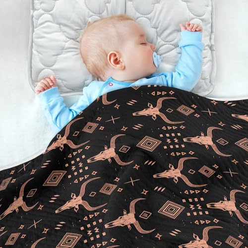 Image of Baby Swaddle Blanket for Boys Girls Soft Warm Stroller Throw Blanket for Toddler and Infant 30X40in Rose Gold Line Art African Tribal Motifs and Water Buffalo Skulls