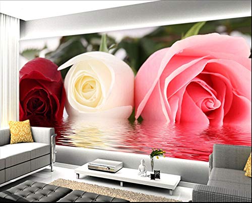 Papier peint intissé pour agrandir un salon avec fleur de rose 3D