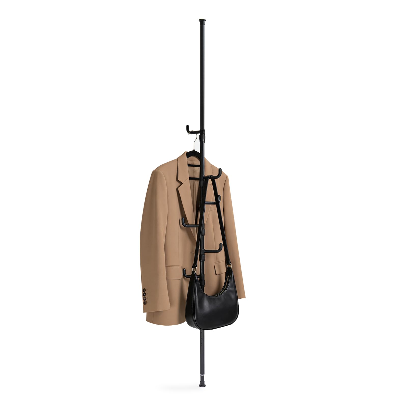SUNNYNEST Telescopic Tension Pole Coat Rack, 213–311cm Floor to Ceiling Adjustable Clothes Rack with 14cm Hooks, Space Saving Corner Coat Stand for Coats Hats Bags, No Drill Entryway Clothing (Black)