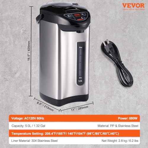 Image of VEVOR Hot Water Dispenser, Adjustable 4 Temperatures Water Boiler and Warmer, 304 Stainless Steel Countertop Water Heater, 3-Way Dispense for Tea, Coffee and Baby Formula, 5L /169 oz
