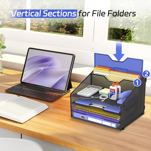 4-Tier Desk Organizer with File Holder, Desktop Letter Tray Holder with 3 Paper Trays and 2 Vertical Section for Folder, Black image 4
