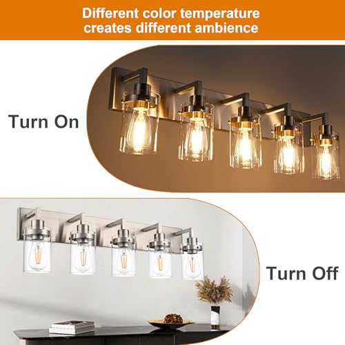 Image of 5 Light Metal Base Wall Mount Lighting with Clear Glass Shade,Brushed Nickel Bathroom Light Fixtures Bath Wall Sconces for Mirror, Kitchen,Hallway