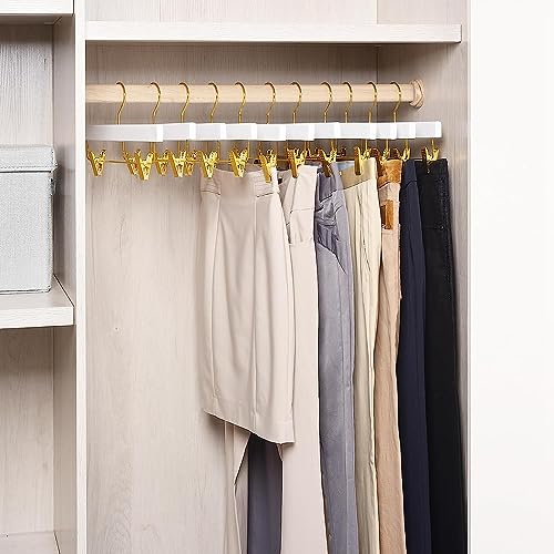Perchas de madera para pantalones con clips, paquete de 10 organizadores de armario que ahorran espacio para jeans, pantalones, pantalones y faldas