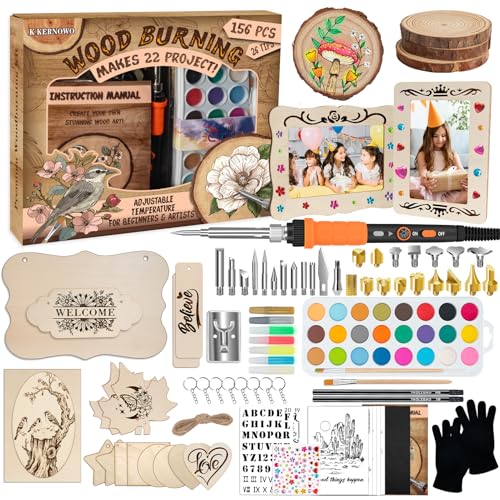 K KERNOWO Wood Burning Kit - 156Pcs All-in-One Wood Burning Tool Pen Adjustable Temperature Wood Burner Kit Crafts Gifts for Adults & Teens Woodburning Kits for Beginner Pyrography