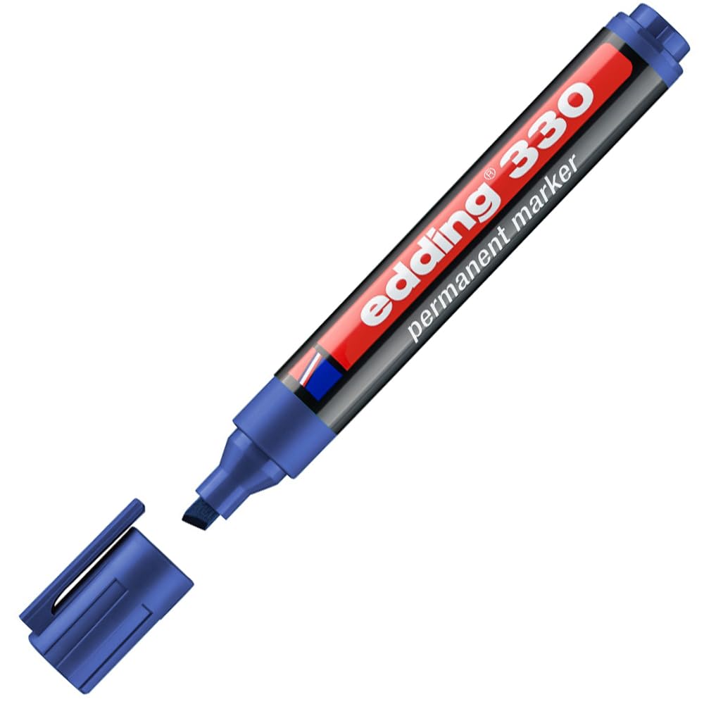 edding 330 Permanent Marker - Blue - 1 Pen - Chisel Tip 1-5 mm - Waterproof, Quick-Drying, Smear-Proof Pens - for Cardboard, Plastic, Glass, Wood, Metal and Fabric
