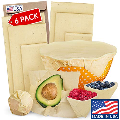 Reusable Beeswax Wrap 6 Pack, Eco Food Covers Super Cling Non-Plastic Dye Free