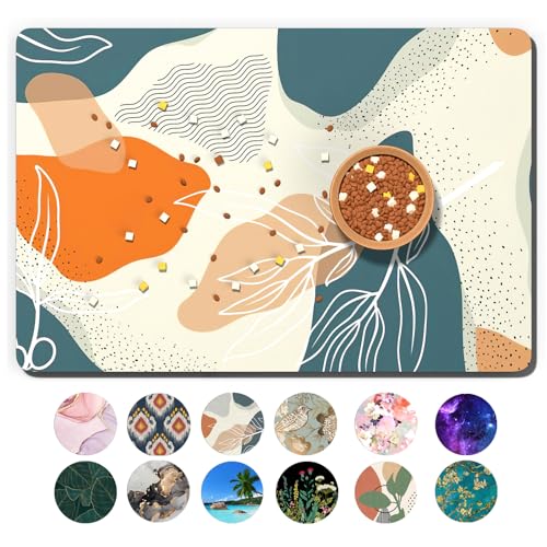TMOODEL Dog Food Mat, 12" x 19" Boho Absorbent Dog Cat Bowl Mat for Food and Water, Cute Anti-Slip Rubber Pet Feeding Rug Protect Floors, Placemat for Feeding & Watering Supplies, Boho Abstract