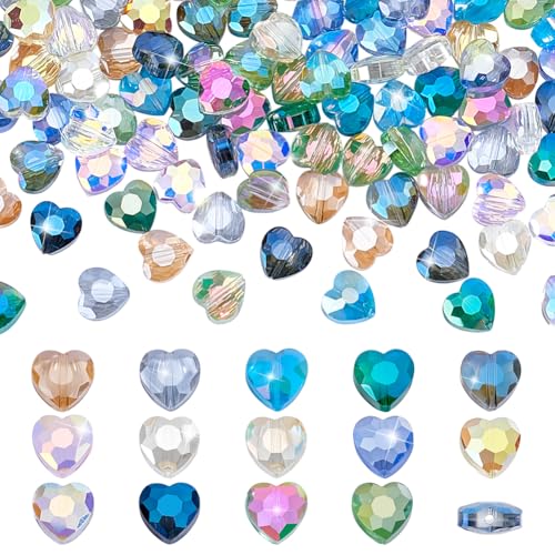 PH PandaHall 140pcs 14 Colors Faceted Glass Beads Clear Heart Beads Glittery Glass Spacers Rainbow Plated Cute Craft Bead for Bracelet Necklace Jewellery Making Hanging Decorations 8x8x4mm