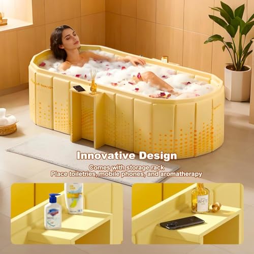 Image of Portable Foldable Adult Bathtub for Home, Large Plastic Soaking Tub with Drain Pipe, Freestanding Spa Bath Tub for Hot & Cold Bath, Balcony & Small Bathroom Use (Golden Glow Bathtub)