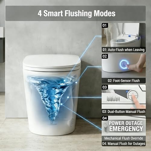 Inodoro Inteligente con Bidé, Sistema de Descarga con Bomba de Tanque, Asiento Calefactable, Lavado con Agua Tibia Instantánea, Sensor de Pie y Descarga Automática, Luz Nocturna LED, Pantalla de Temperatura Blanca, Sin Control Remoto miniatura 6