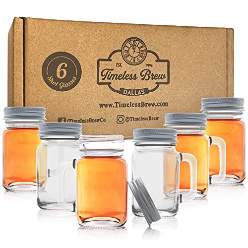 Mason Jar Shot Glasses by Timeless Brew - Set of 6 Cute Shot Glasses for Women and Men - Strong and Heavy Shot Glasses with Lids - Rustic Shot Glasses For Home Bar, Mancave or She Shed