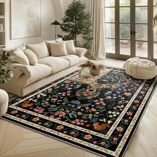 Image of Area Rug Vintage Floral Deer Pattern 5x7 - Bohemian Forest Animal Carpet with Squirrel & Butterfly, Soft Decorative Area Rug for Living Room Bedroom Home Decor