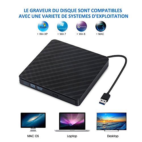 Externe dvd-drive, USB 3.0, ultra slim, draagbaar, Auelek externe drive DVD ROM CD USB CD speler, compatibel met Windows… - Image 5