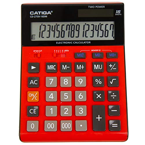 Large 16-Digit LCD Display Calculator - CD-2759 - Dual-Power Desk Calculator (Red)