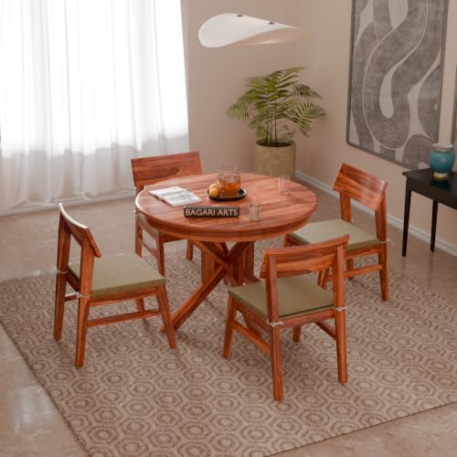 Image of Solid Sheesham Wood 4 Seater Round Dining Table Set with 4 Cream Cushioned Chairs | Wooden Dining Table Set for Home, Kitchen, Dining Room & Restaurant | Dining Table Set 4 Seater | Honey Finish