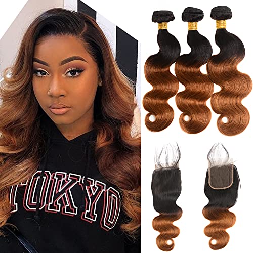 Tendresse Body Wave Ombre 3 Bundles with Closure 1B/30 bundles Brazilian Virgin Human Hair Two-tone 1B/30# 3bundles with Closure(14 16 18 +12)