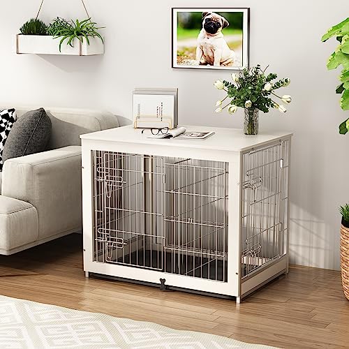 Piskyet Wooden Dog Crate Furniture with Divider Panel, Dog Crate End Table with Fixable Slide Tray, Double Doors Dog Kennel Indoor for Dogs(M:31.8" L*22.1" W*26.3" H,White) - Image 3