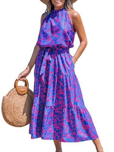 Image of CUPSHE Women's Midi Dress Halter Floral Sleeveless Belted Ruffled A Line Casual Summer Dress