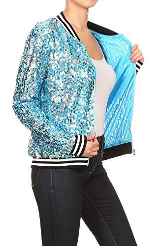 Anna-Kaci Womens Sequin Long Sleeve Front Zip Jacket with Ribbed Cuffs, Blue, Medium