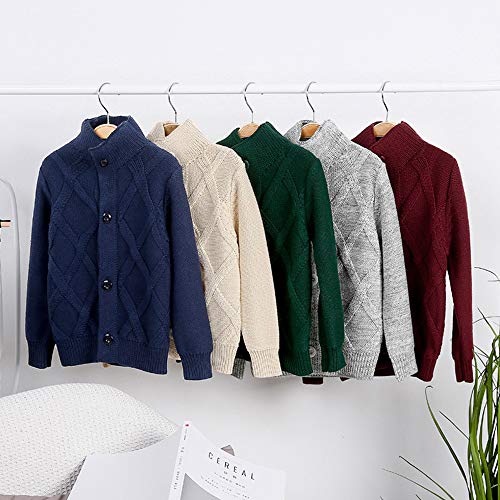 OCHENTA Boys' Turtleneck Cardigan Sweater Chunky Cable Knitted Button Down Long Sleeve Navy Blue Tag 120-5Y2