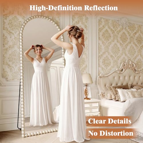 Image of Vintage Full Length Mirror with Stand, 71x28 Inch Arched Beaded Full Body Mirrors, Large Floor Mirror Standing Mirror Full Length Wall Mounted Decor for Bedroom Living Room Cloakroom, PU Frame, Silver