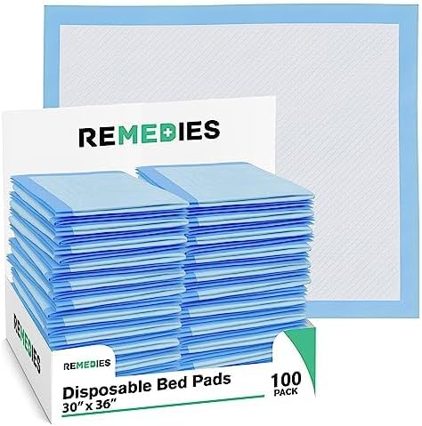 remedies - disposable bed pads 30 x 36 - 100 count - large bed pads for incontinence - seniors, adults & kids chucks pads - adult absorbent incontinence disposable underpads for beds & furniture