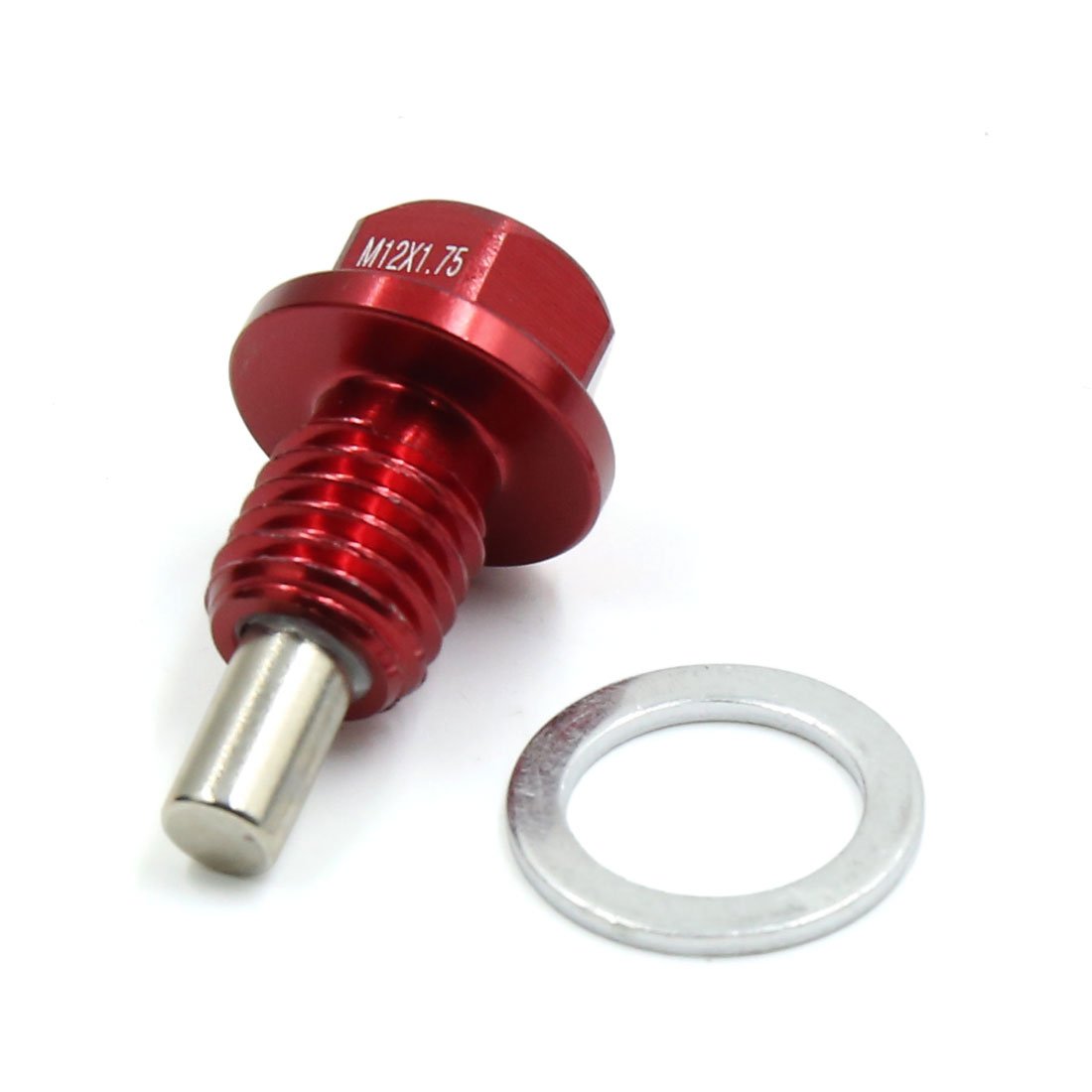 sourcing map Tornillo Drenaje Magnético Rojo 1Pc para Coche Aluminio | M12 X 1,75, Aleación De Aluminio, Rojo, Con Arandela, Recoge Partículas Metálicas