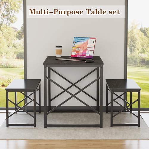 Image of VECELO 43.3 inch Kitchen Dining Table Set for 4, Heavy-Duty Steel Frame & Wood-Grain Tabletop, Space-Saving Dinette Sets with 2 Benches for Breakfast Nook and Small Space, Black