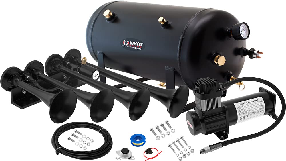 Vixen Horns Train Horn Kit for Trucks/Car/Semi. Complete Onboard System- 200psi Air Compressor, 5 Gallon Tank, 4 Trumpets. Super Loud dB. Fits Vehicles like Pickup/Jeep/RV/SUV 12v VXO8350B/4124XB