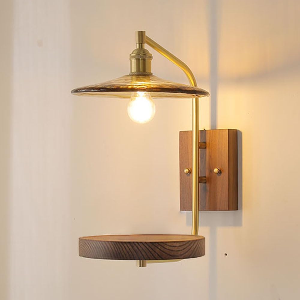 JYBNBBE Cafe Wall Sconces, Brushed Brass Glass Sconce, Bedside Lamp with Wooden Countertop Modern Light Fixtures E27 Compatible,Chandelier,25 * 51cm