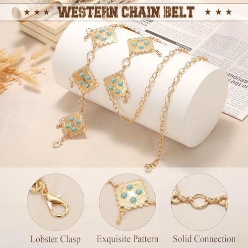 Image of WHIPPY Western Metal Concho Belt for Women Vintage Cowgirl Boho Turquoise Chain Belts for Dresses Jeans