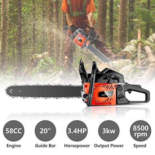 KGK 58CC Gas Powered Chainsaw 20 Inch Gas Chain Saw 2 Strokes Automatic Chain Oiler Anti-vibration System Wood Cutting Petrol Chainsaw with Tool Kit Carry Bag for Cutting Trees Farm Garden