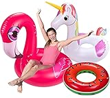 3PCS Pool Floats Adult Set - Unicorn + Flamingo + Watermelon Inflatable Beach Floaties Swimming Ring Toys for Adults, Kids 8-12,Teenager Water Party Supplies