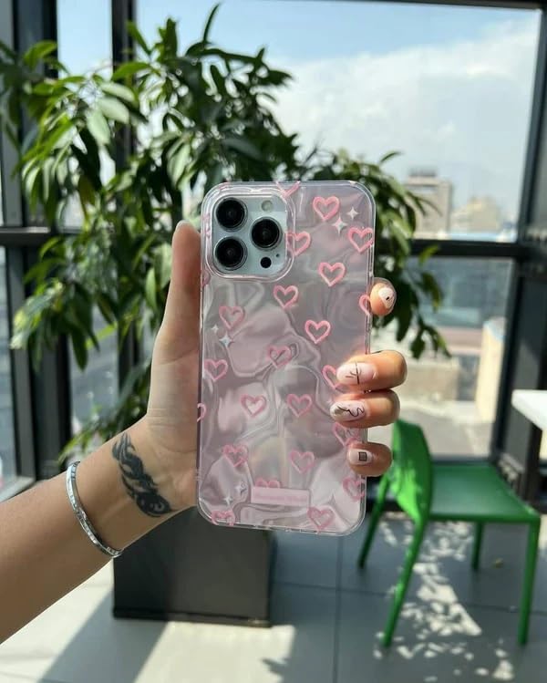 Image of COVERLY Luxury 3D Heart Aesthetic Designer Back Cover for iPhone 12 Pro - Slim Liquid Silicone Case with Handcrafted Real Pearl Jewel & Iridescent Holographic Waves (Blush Silver & Pearlescent Silver)