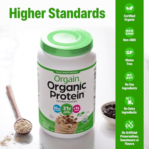 Image of Orgain Organic Vegan 21g Protein Powder, Iced Coffee, 2.03 lb | Plant based protein, 60mg of caffeine, low net carb, no added sugar or lactose ingredients, non-GMO, for shakes & smoothies