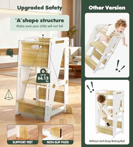 Image of Toddler Standing Stool with Sliding Door for Safe Climbing, 3-Height Adjustable Kitchen Step Stool, Wooden Learning Tower for Kids, Non-Slip Feet