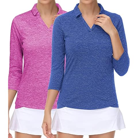 TrendiMax Womens 2 Pack 3/4 Sleeve Golf Polo Shirts V Neck Collared Moisture Wicking Sports Workout Tops, Purple & Navy Blue 2 Pieces, Medium Cover