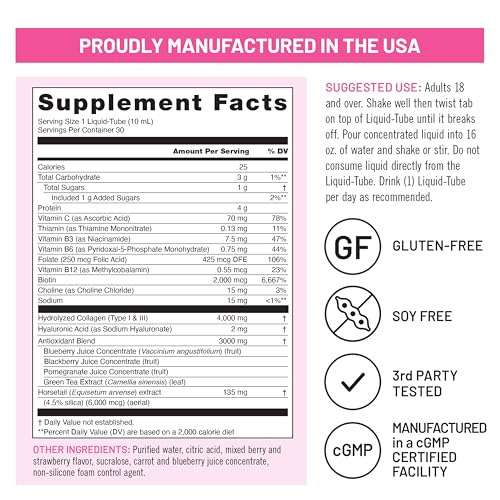 Image of NatureWise Hydrolyzed Liquid Collagen for Women & Men 4000mg-High Absorption, Type 1&3 Peptides with Biotin + Vitamin C + B Complex & Hyaluronic Acid -Mixed Berry - 30 Tubes[30 Day Supply](Pack of 2)