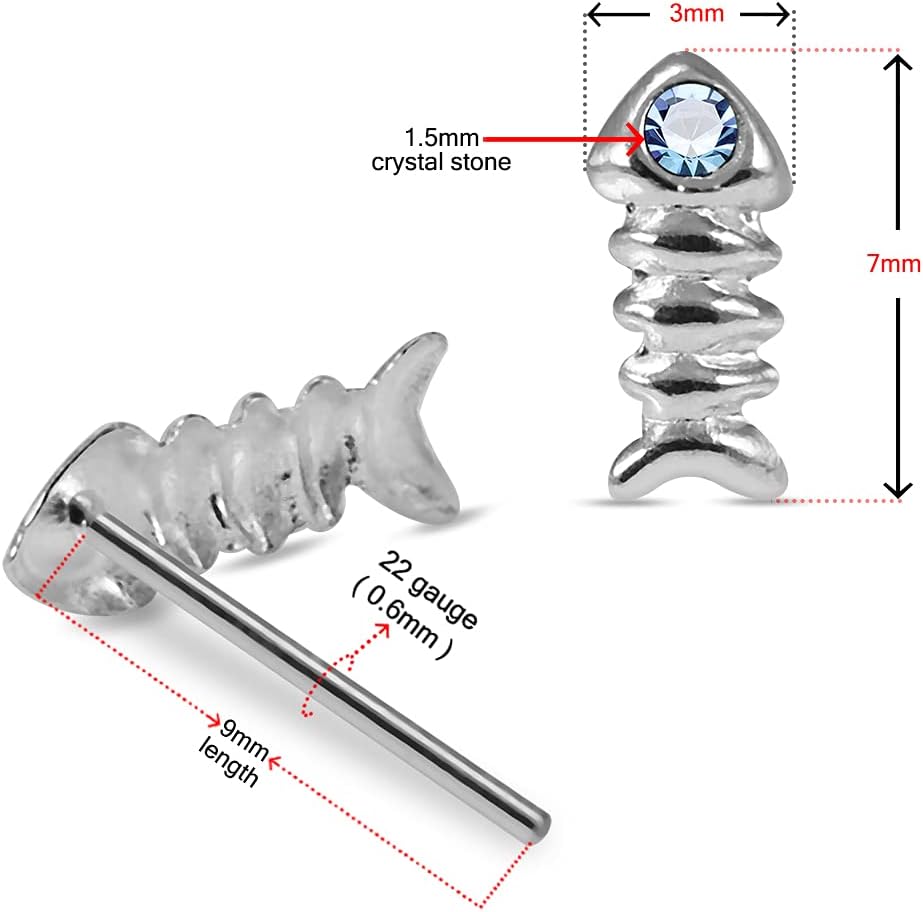 Crystal Stone Bone Fish Design 22 Gauge 925 Sterling Silver Straight Nose Pin - Nose Stud - Tiny Nose Ring - Nose Piercing Body Jewelry