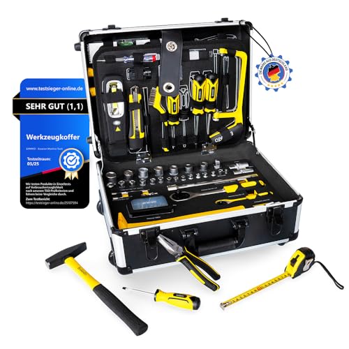 BAMATO WORK-169 Werkzeugkoffer gefüllt 169-tlg Werkzeug Set | Werkzeugkiste mit Rollen | Werkzeugtrolley komplett mit Werkzeug für Werkstatt und Haushalt | Teleskophandgriff | Koffer mit Rollen