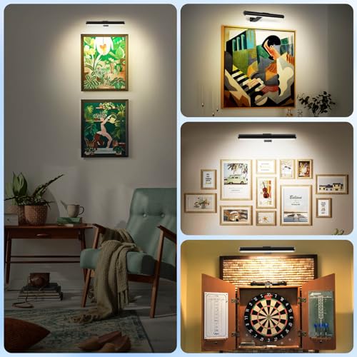 Image of Picture Light Battery,Brightness Dimmable Timer Setting,Rechargeable Painting Light for Pictures Display Art on Wall with 3 Colors Lighting Remote,Used for Frames Dartboard Portrait
