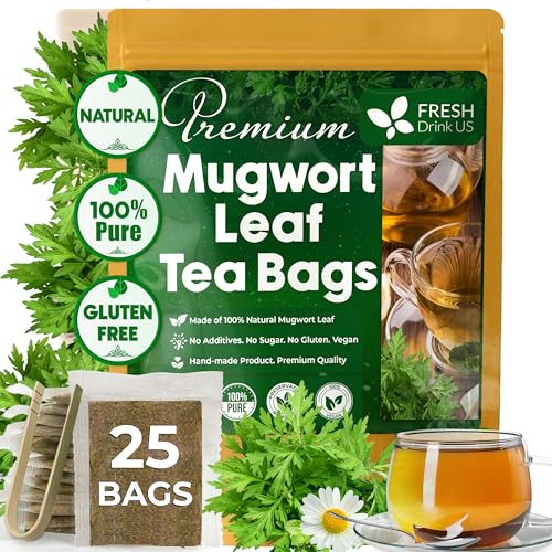 Image of FreshDrinkUS, Premium 25 Mugwort Leaf Tea Bags, 100% Natural and Pure Mugwort Leaves. Loose Leaf Herbal Tea. No Sugar, No Caffeine, No Gluten, Vegan. (25 Tea Bags)