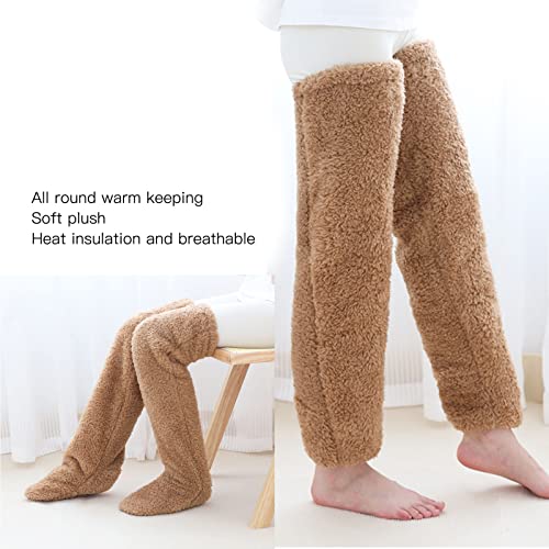 Image of ZJchao Winter Warm Knee Socks for Women, Furry Over Knee Extra Thick Socks, Soft Home Leg Warmers for Sleeping, Brown