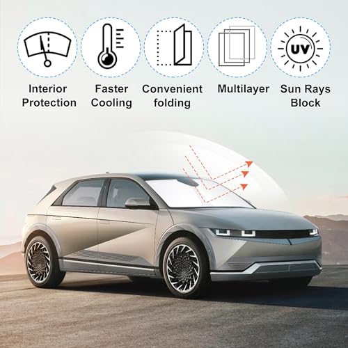 Image of Windshield Sun Shade Custom Fit for 2022 2023 2024 2025 2026 Hyundai Ioniq 5 Accessories Foldable Sunshade Sun Blocker Protect Car from Sun Rays & Heat Damage Keep Car Cooler 34.5''x58.5''
