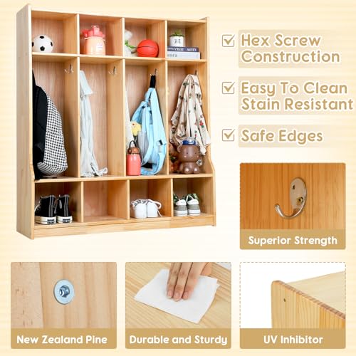 Image of Colingmill 4 Section Coat Locker with Bench Daycare Cubbies for Classrooms Natural Pine Finish Wooden Backpack Cubby Storage Organizer with Hooks for Daycare Classroom and Home