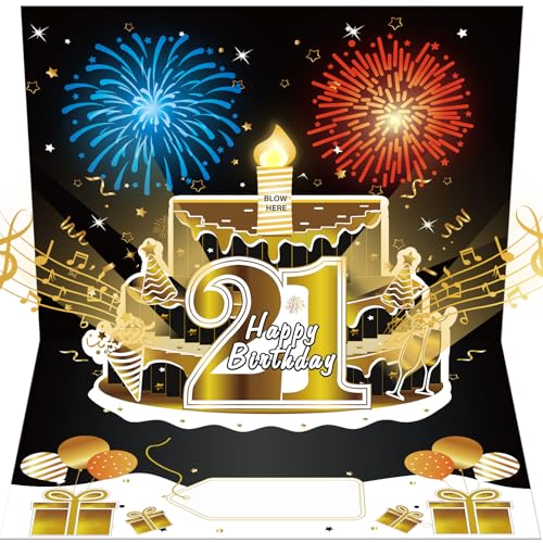 Turypaty 21st Birthday Cards Pop Up 3D Cake - Firework & Music & Blow Out Candle Light Funny Happy...