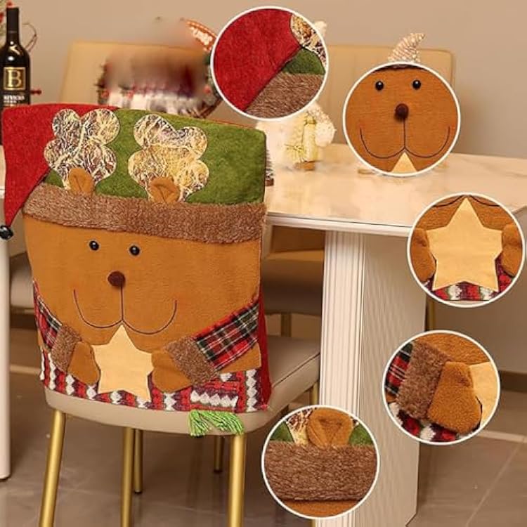 Christmas Chair Back Covers Set of 6, 3D Cute Santa Claus Snowman Reindeer Xmas Dinner Chair Covers, for Home Kitchen Holiday Festive Party Decorations (4, A)