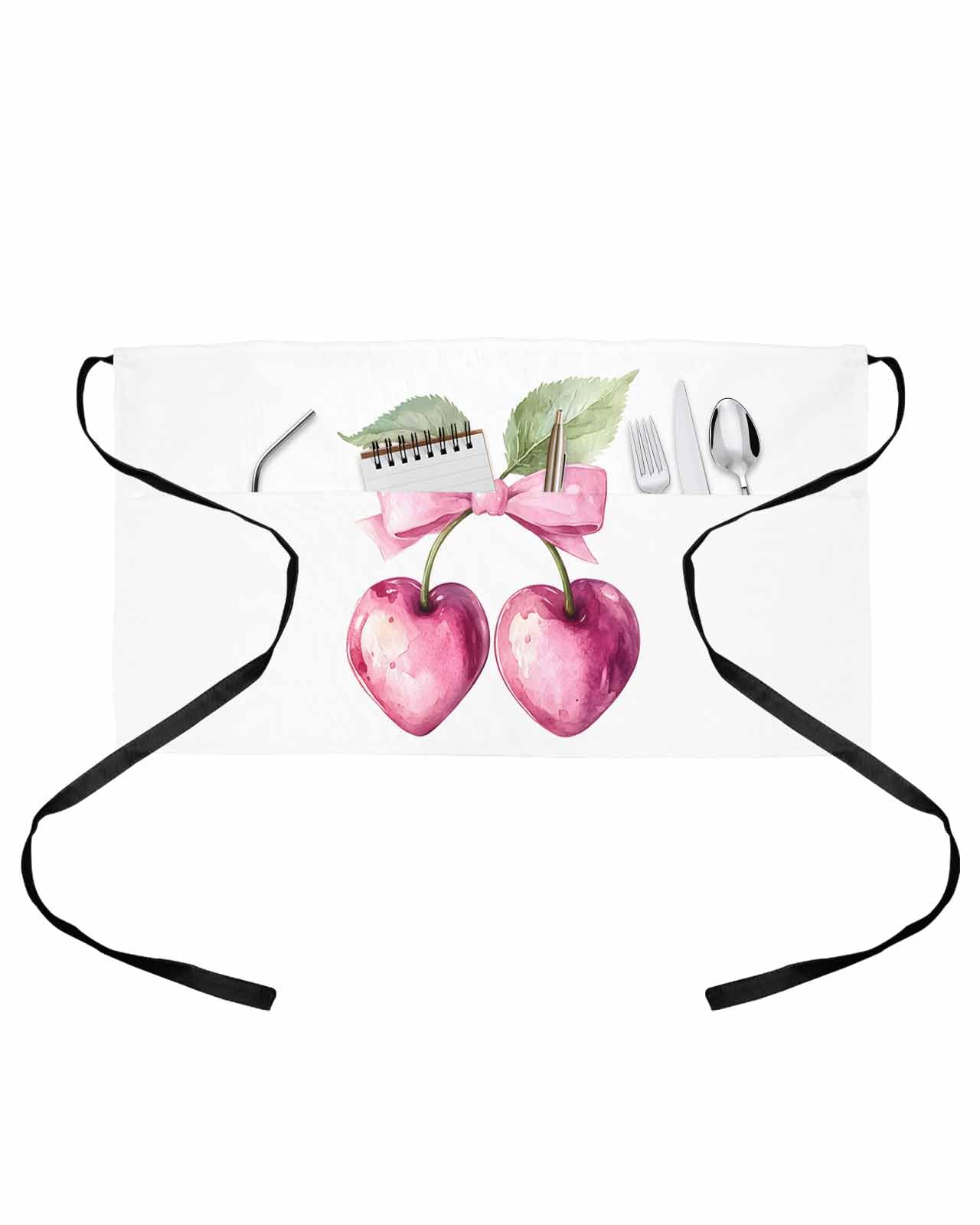 PIEPLE Cherry Bow Server Apron Waitress Aprons with 3 Pockets, Spring Fruit Painting Plant Leaf Watercolor Half Waist Waiter Aprons Restaurant Chef Aprons for Women Men